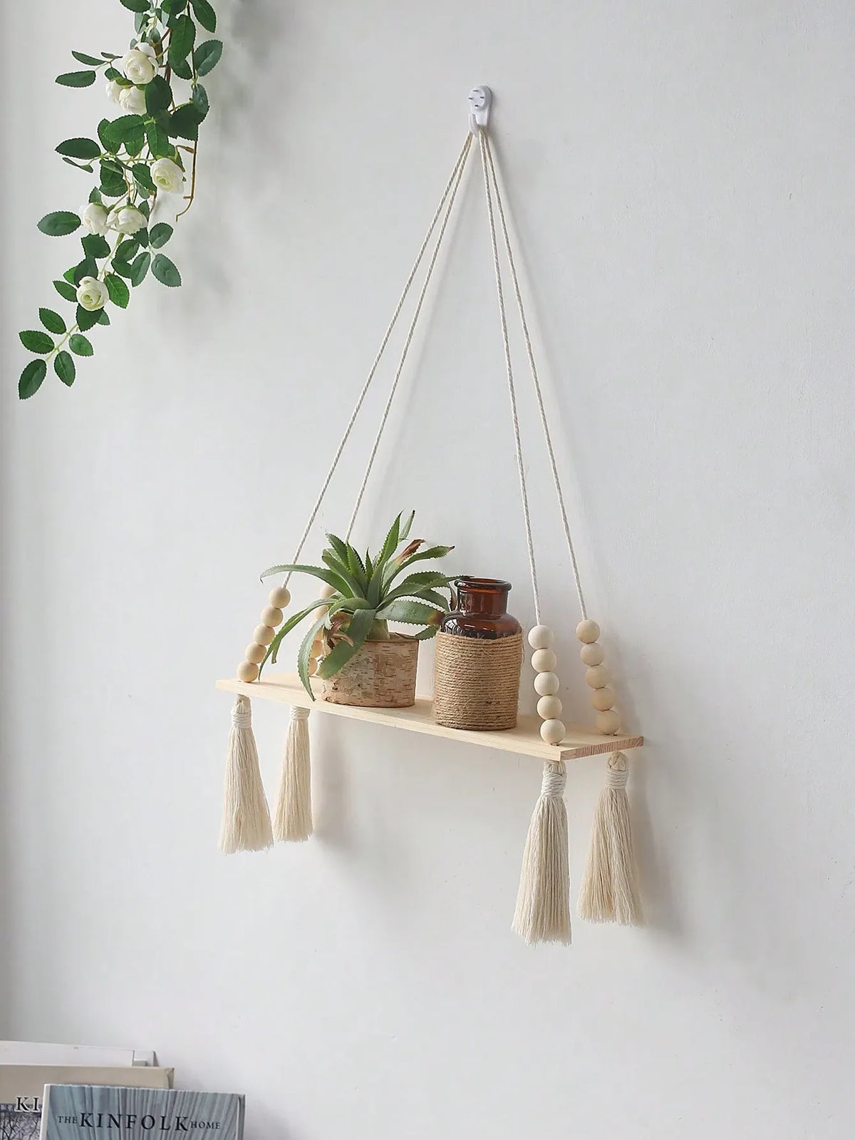 2Pcs Macrame Wall Hanging Shelf – Boho Wood Wall Shelves with Wood Beads, Farmhouse Floating Shelf for Bedroom, Living Room,Nursery Decor, Birthday Graduation Gift