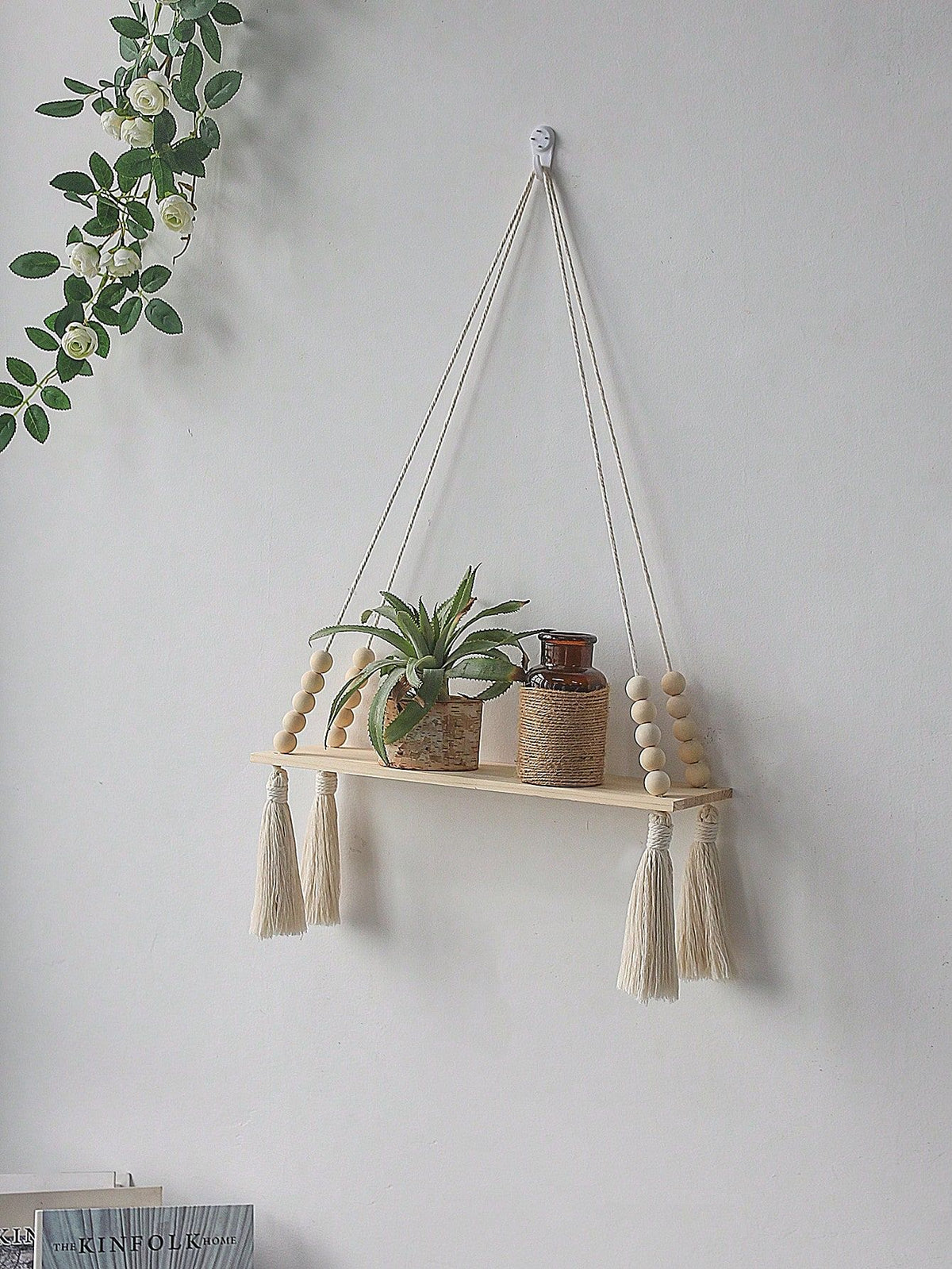 1Pcs Macrame Wall Hanging Shelf – Boho Wood Wall Shelves with Wood Beads, Farmhouse Floating Shelf for Bedroom, Living Room, Nursery Decor, Birthday Graduation Gift