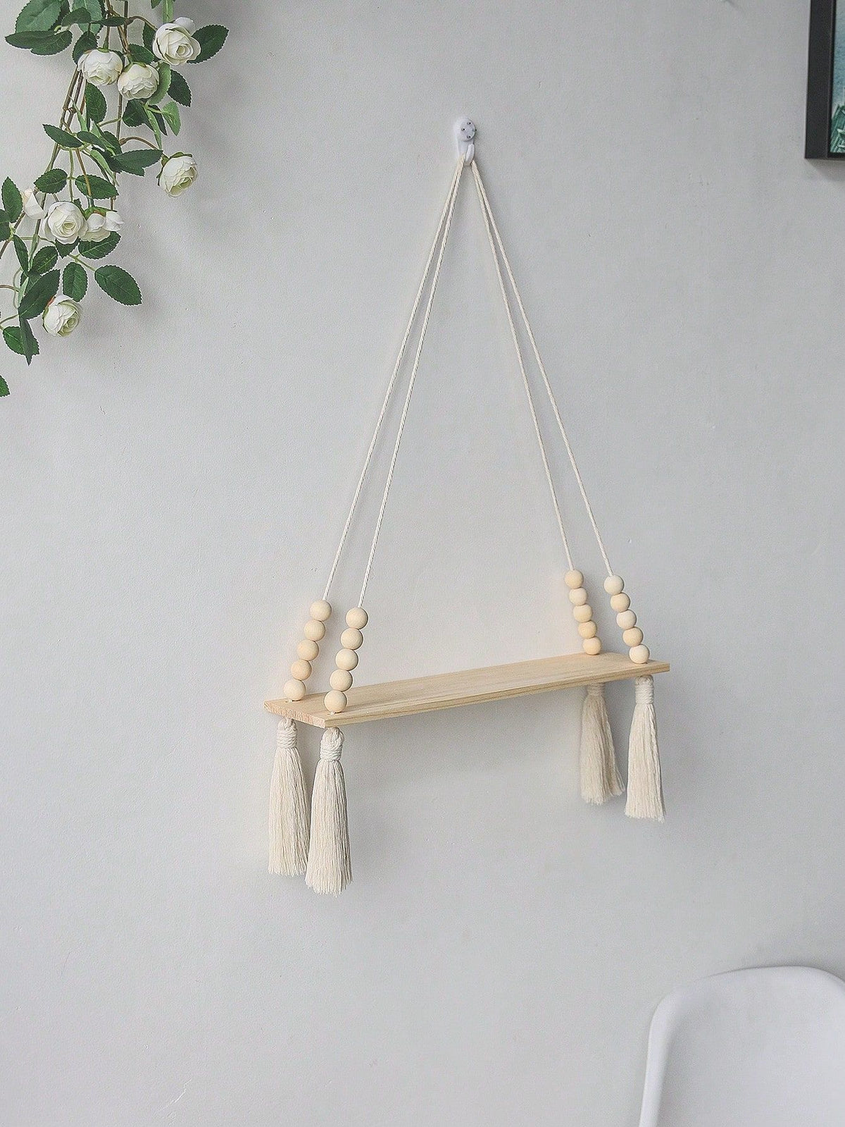 1Pcs Macrame Wall Hanging Shelf – Boho Wood Wall Shelves with Wood Beads, Farmhouse Floating Shelf for Bedroom, Living Room, Nursery Decor, Birthday Graduation Gift