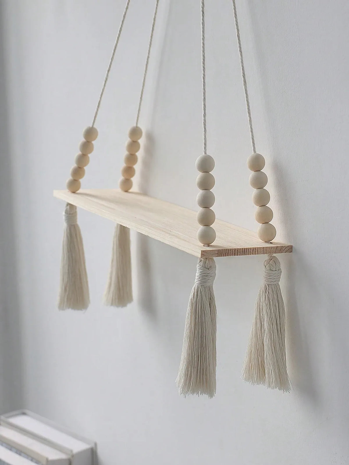 1Pcs Macrame Wall Hanging Shelf – Boho Wood Wall Shelves with Wood Beads, Farmhouse Floating Shelf for Bedroom, Living Room, Nursery Decor, Birthday Graduation Gift