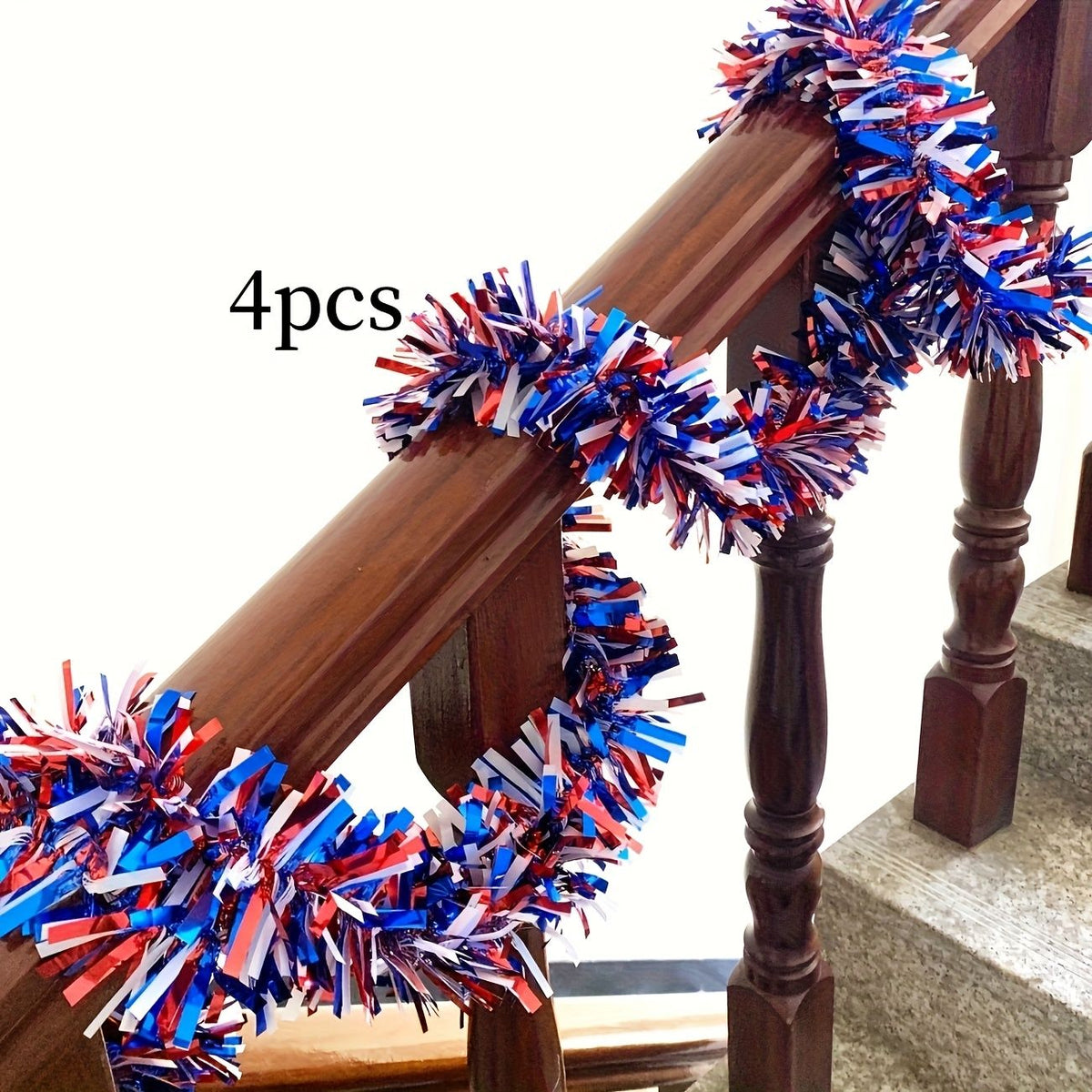 4pcs Patriotic Chunky Metallic Tinsel Garland, 78.74 Inch Each, Red White Blue Chunky Shiny Wire for July 4th, Memorial Day, Labor Day Decorations, 4pcs Colorful