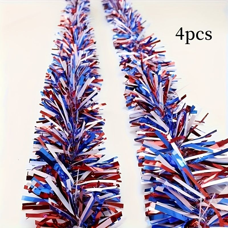 4pcs Patriotic Chunky Metallic Tinsel Garland, 78.74 Inch Each, Red White Blue Chunky Shiny Wire for July 4th, Memorial Day, Labor Day Decorations, 4pcs Colorful