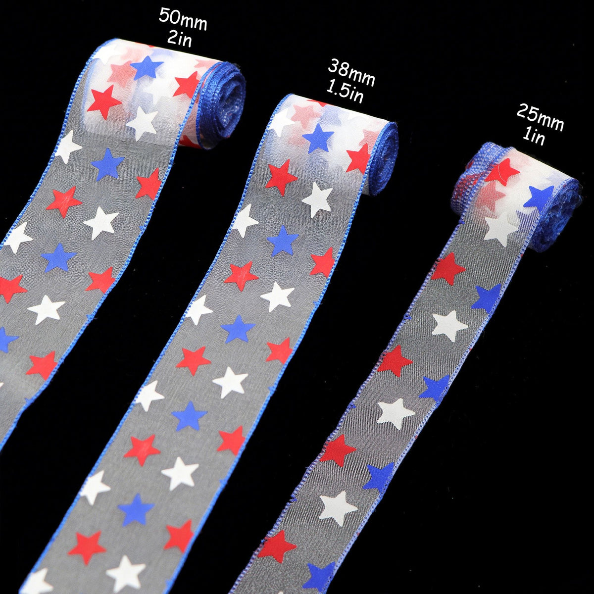 5 Yards/Roll Retro Patriotic Ribbon, Red White Blue Star Organza, Width 50mm, for July 4th Crafts, Wreaths, Bows, Party Decor, Pre-Cut DIY Gifts