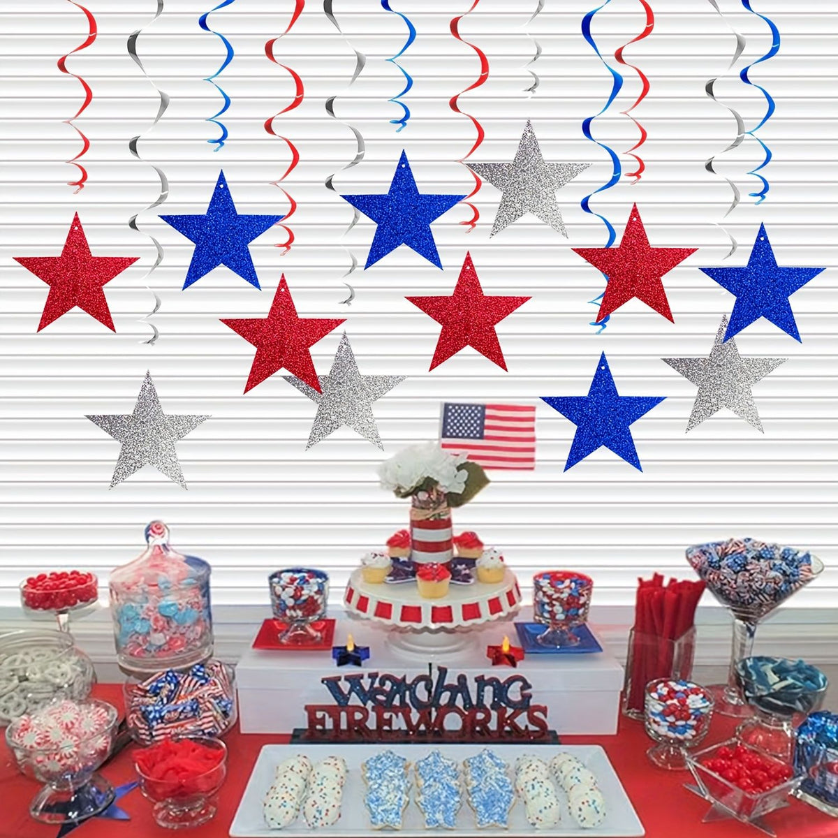 12pcs American Flag Star Garland, Patriotic Red White Blue Spiral Hanging Decorations for Independence Day, Memorial Day, Veterans Day, Home Party, 12pcs/Set