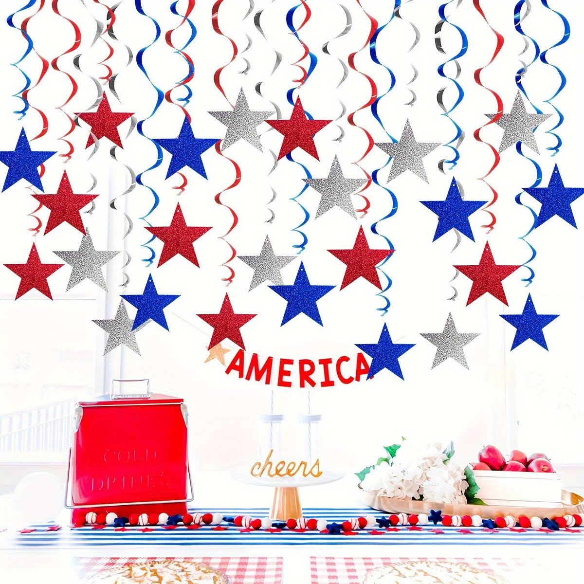 12pcs American Flag Star Garland, Patriotic Red White Blue Spiral Hanging Decorations for Independence Day, Memorial Day, Veterans Day, Home Party, 12pcs/Set