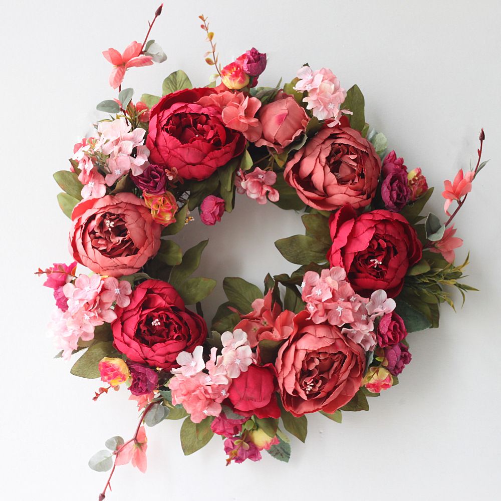 Front Door Wreath 15.7 inch-Peony Flower Spring Wreaths for Front Door Outside - Summer Floral Bud Wreath for Wedding