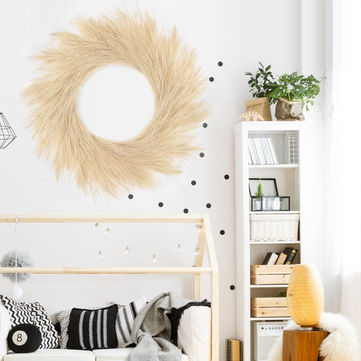 Artificial Pampas Grass Wreath, Faux Pampas Grass Decor for Home Boho Fall Decoration Modern Christmas Decor (Beige, 1)