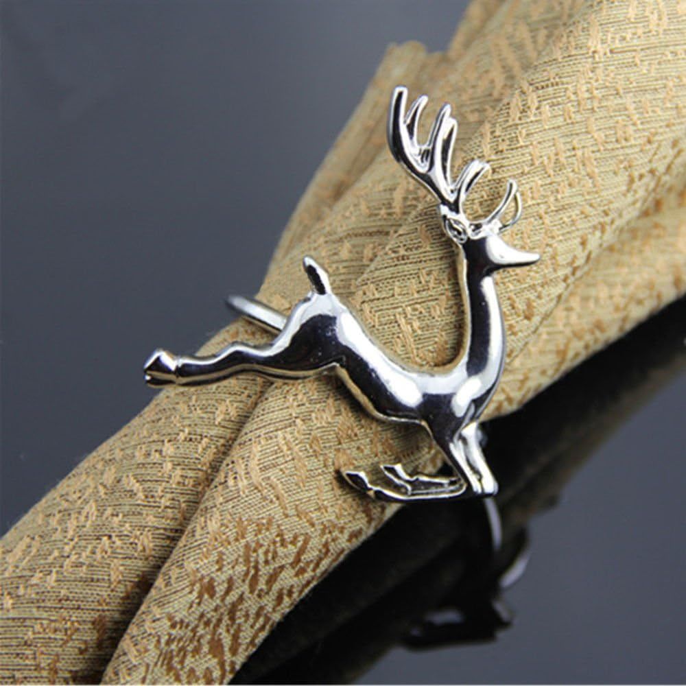 Silver Deer Napkin Rings - Set of 6 Napkin Rings for Dinner Party Holiday Christmas Thanksgiving Easter