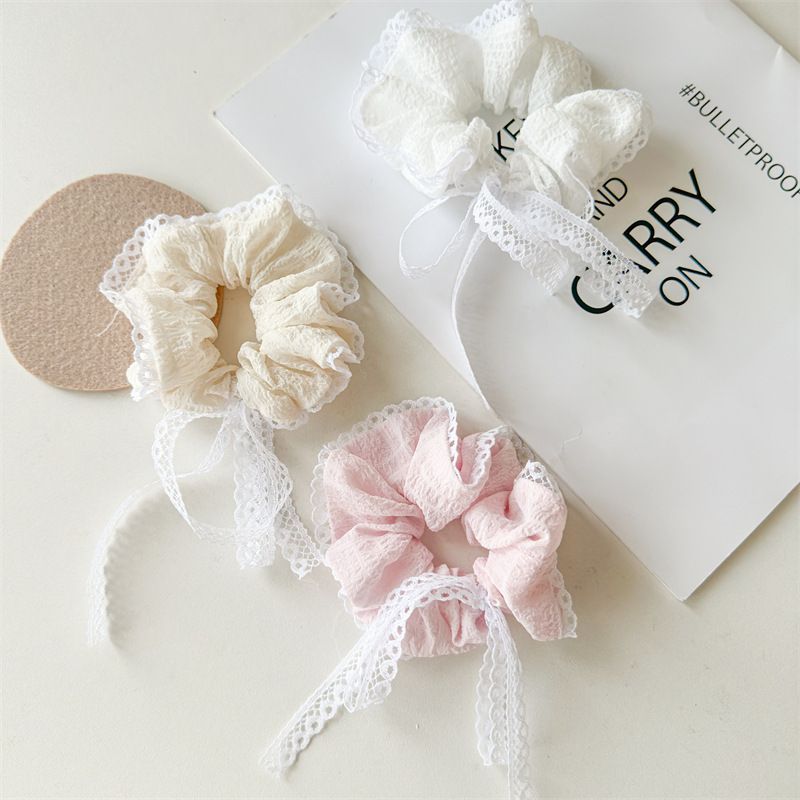 Hair Ties for Women - Hair Scrunchies Girls 3Piece Set - White Lace Design - Premium Fabric Ponytail Holder Hair Tie