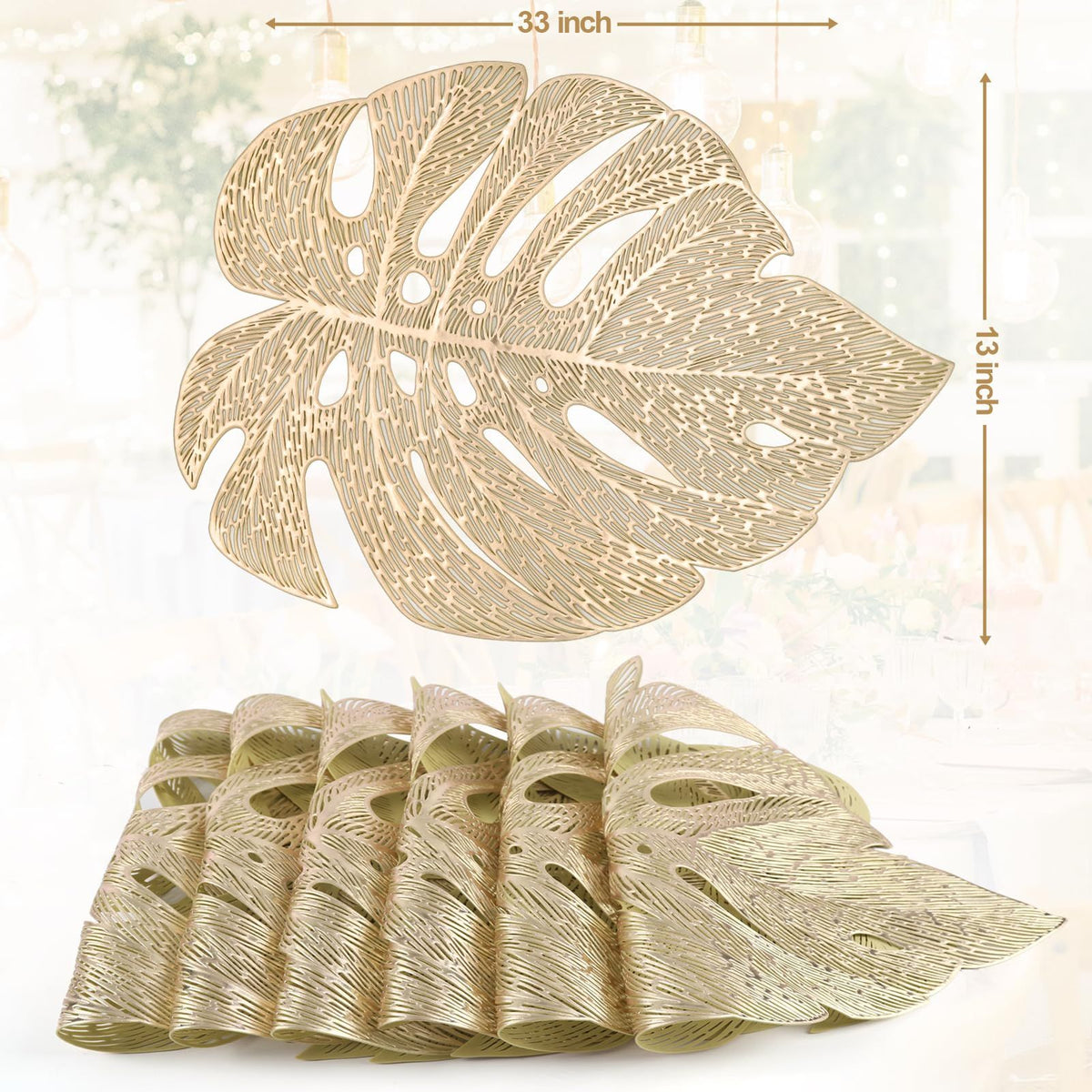Placemats Set of 6, Hollowed-Out Leaf Place Mats for Dining Table Pressed Vinyl Table Mats for Holiday Party Wedding (Garden Gold)