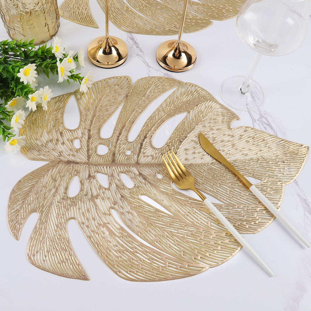Placemats Set of 6, Hollowed-Out Leaf Place Mats for Dining Table Pressed Vinyl Table Mats for Holiday Party Wedding (Garden Gold)