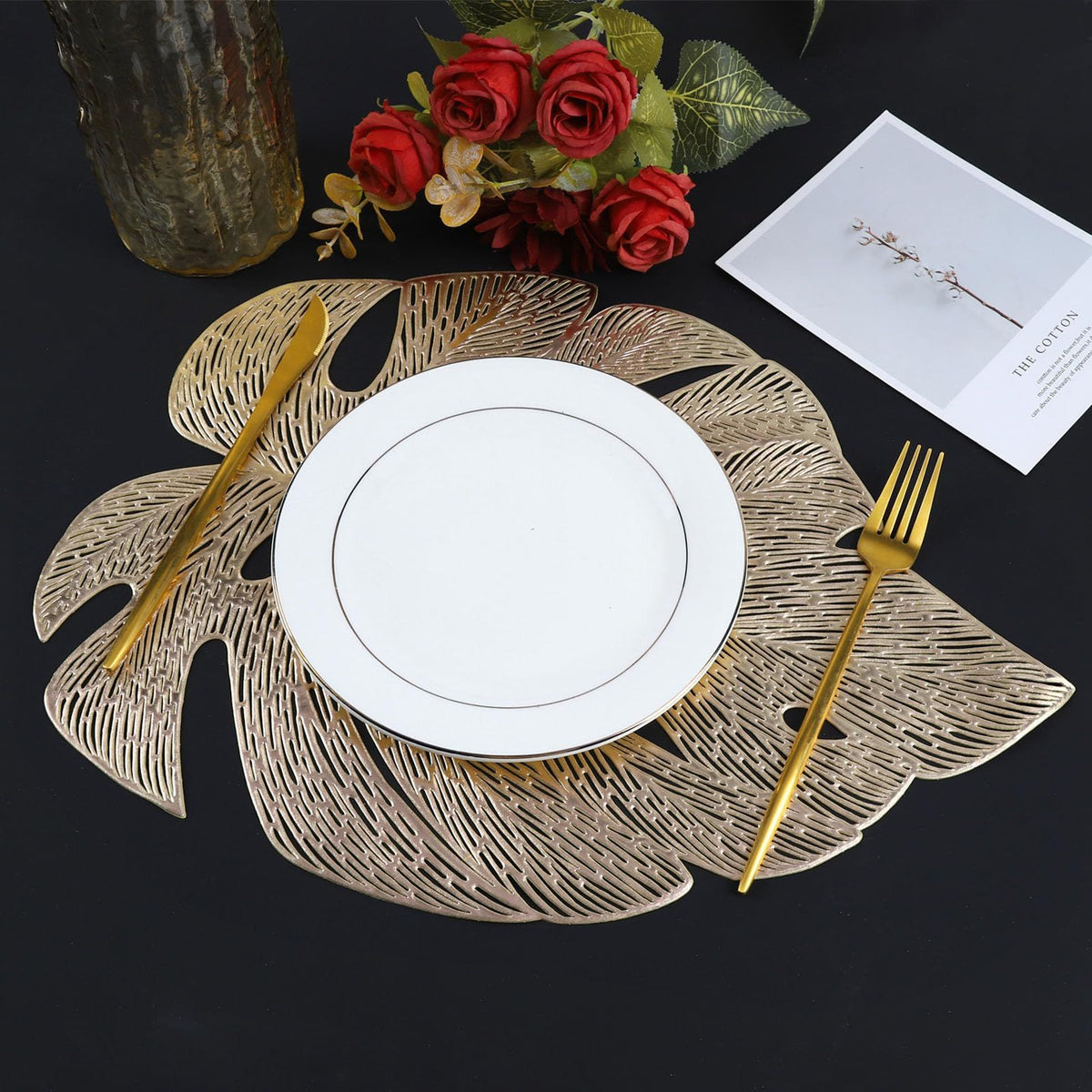 Placemats Set of 6, Hollowed-Out Leaf Place Mats for Dining Table Pressed Vinyl Table Mats for Holiday Party Wedding (Garden Gold)