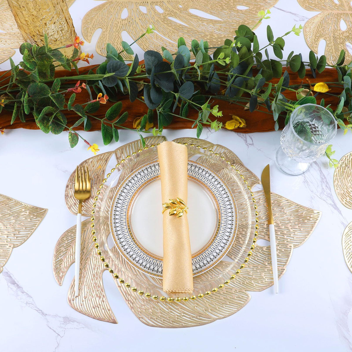 Placemats Set of 6, Hollowed-Out Leaf Place Mats for Dining Table Pressed Vinyl Table Mats for Holiday Party Wedding (Garden Gold)