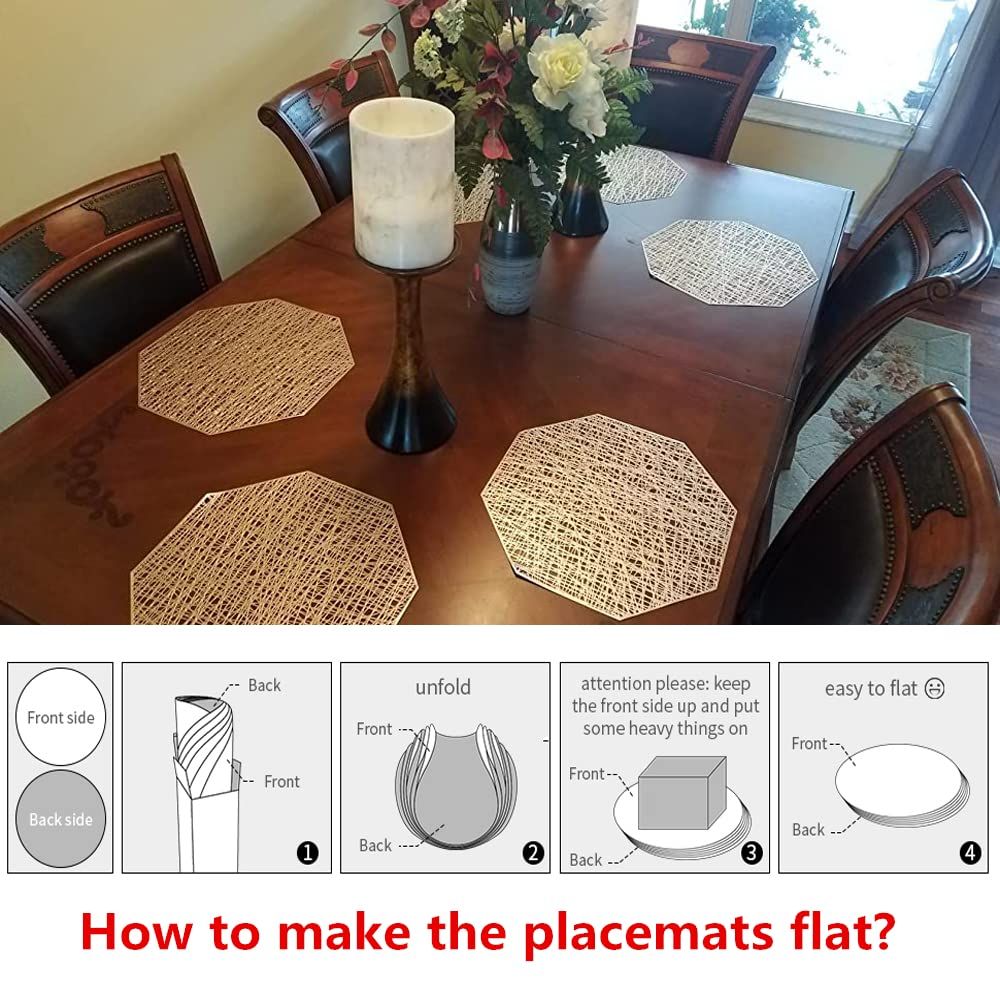 Placemats 15 inch Pressed Vinyl Round Table Mates for Dining Table Set of 6, Washable and Wipeable Kitchen Place Mat(Gold B)