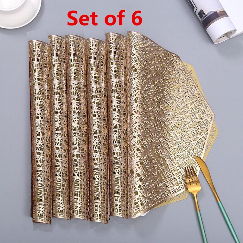 Placemats 15 inch Pressed Vinyl Round Table Mates for Dining Table Set of 6, Washable and Wipeable Kitchen Place Mat(Gold B)
