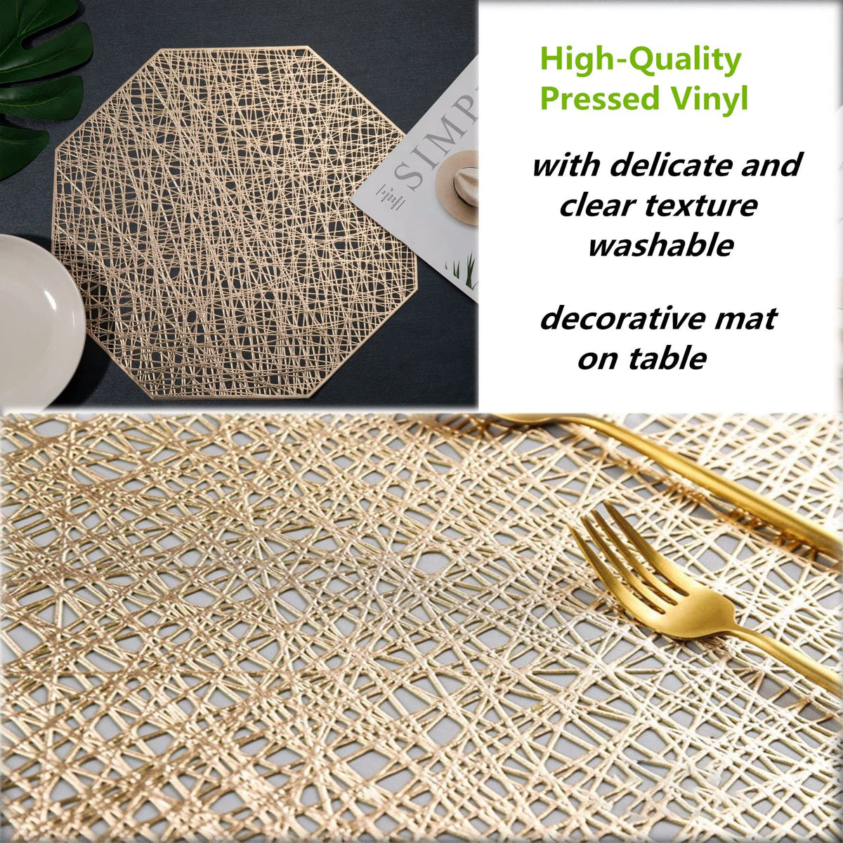 Placemats 15 inch Pressed Vinyl Round Table Mates for Dining Table Set of 6, Washable and Wipeable Kitchen Place Mat(Gold B)