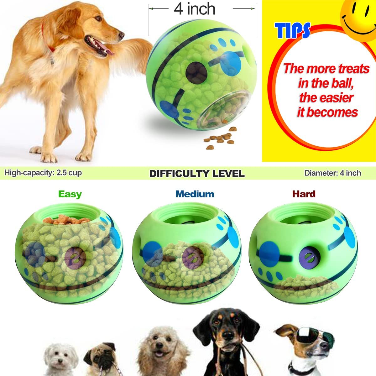 Wobble Giggle Dog Ball for Puppy Small Dogs, Wiggle Squeaky Toy, Puppy Chew Indestructible Ball for Small Breed (Small, 4.2")
