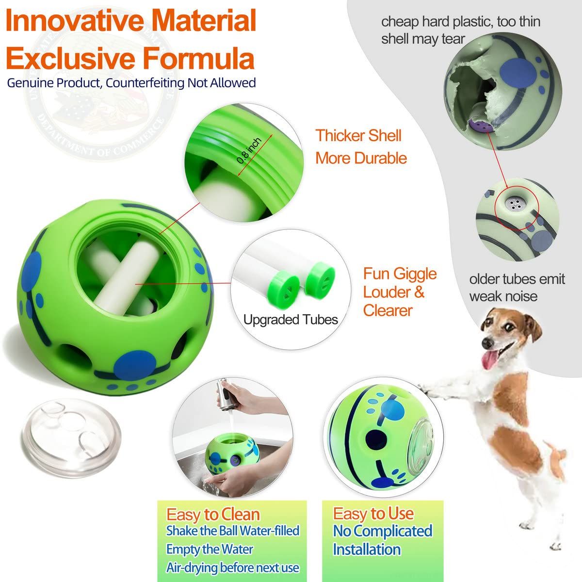 Wobble Giggle Dog Ball for Puppy Small Dogs, Wiggle Squeaky Toy, Puppy Chew Indestructible Ball for Small Breed (Small, 4.2")