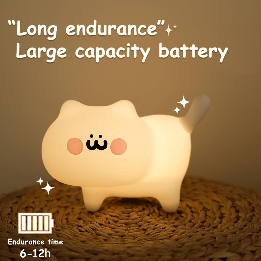 LED Nursery Night Lights for Kids,  Animal Cat Silicone Night Light with Touch Sensor, Warm White Portable and Rechargeable Sleep