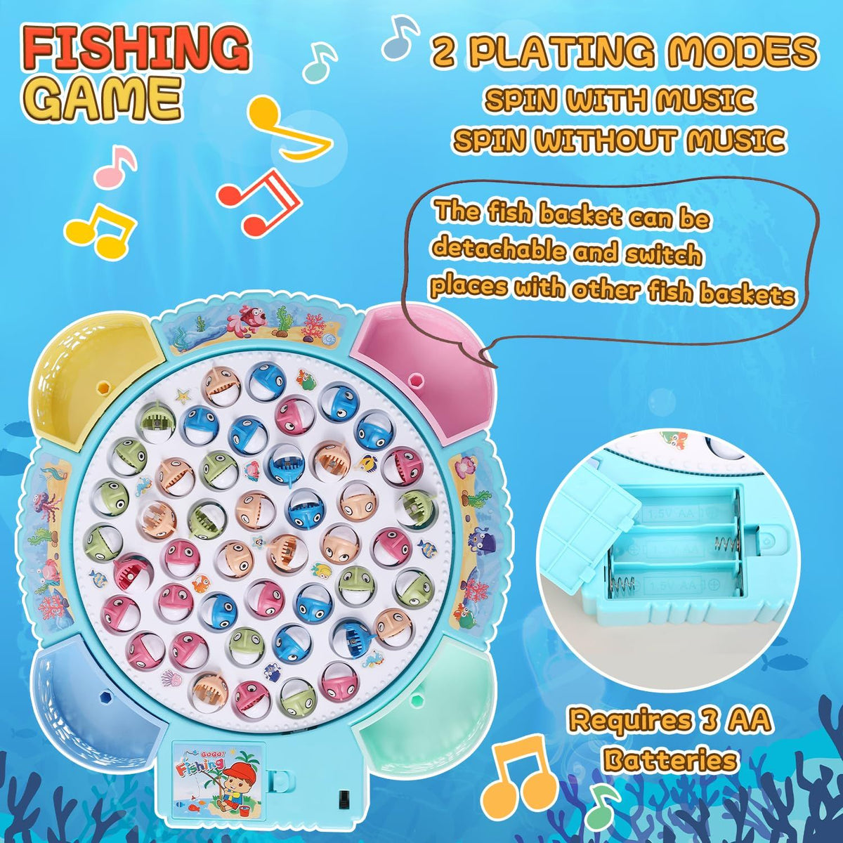 Magnetic Fishing Game Toys, Rotating Board Game with Music Including 45 Fishes and 8 Fishing Poles, Party Game Toys for Kids Age