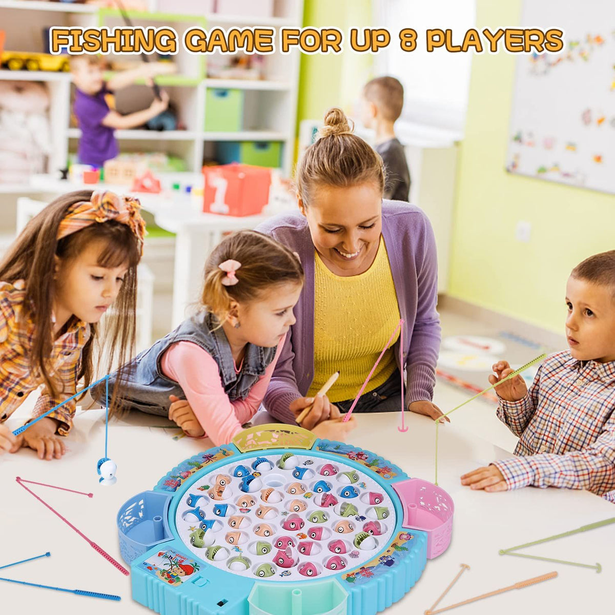 Magnetic Fishing Game Toys, Rotating Board Game with Music Including 45 Fishes and 8 Fishing Poles, Party Game Toys for Kids Age