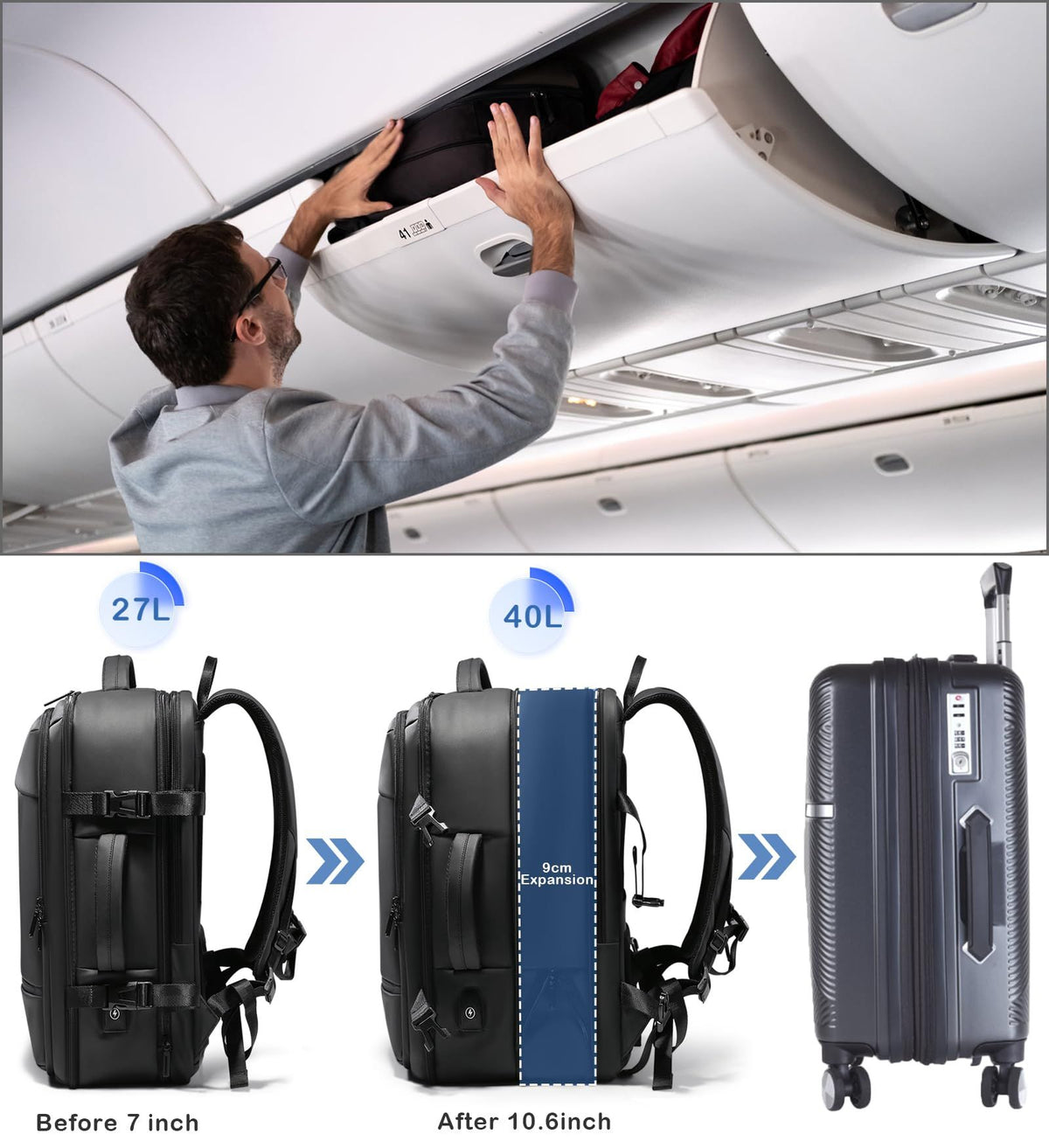 Large Carry On Backpack, 40L Expandable USB Backpack, 17.3” Laptop Backpack for Men Airline Approved Travel Business Weekender Bag