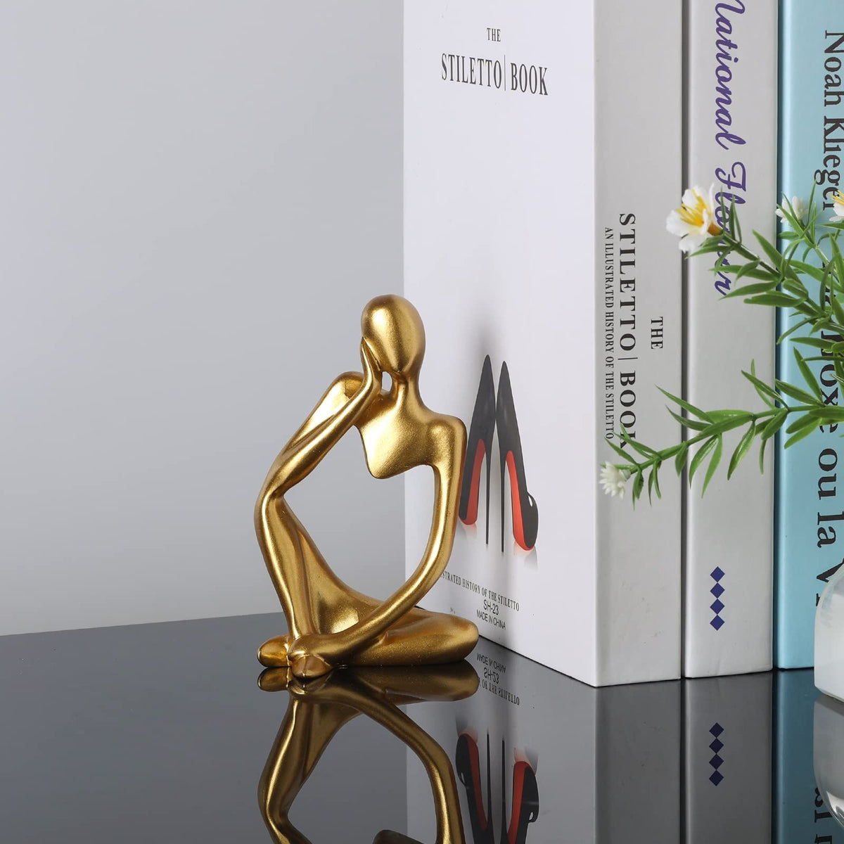 Thinker Statue Gold Decor Abstract Art Sculpture, Golden Resin Collectible Figurines for Home Living Room Office (Right, Gold)
