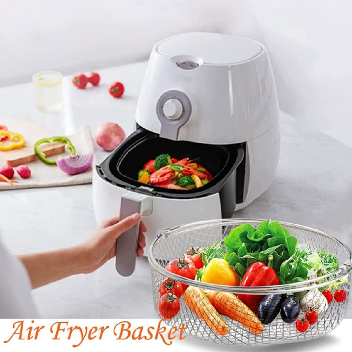 21CM Air Fryer Mesh Basket Stainless Steel Steamer Basket for Air Fryer Metal Air Fry Crisper Basket with Handle Air Fryer Accessory