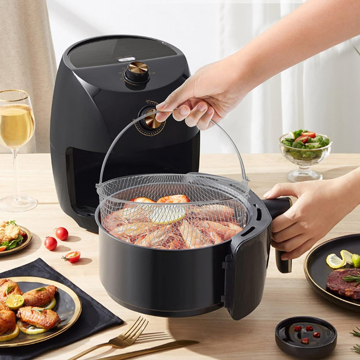 21CM Air Fryer Mesh Basket Stainless Steel Steamer Basket for Air Fryer Metal Air Fry Crisper Basket with Handle Air Fryer Accessory