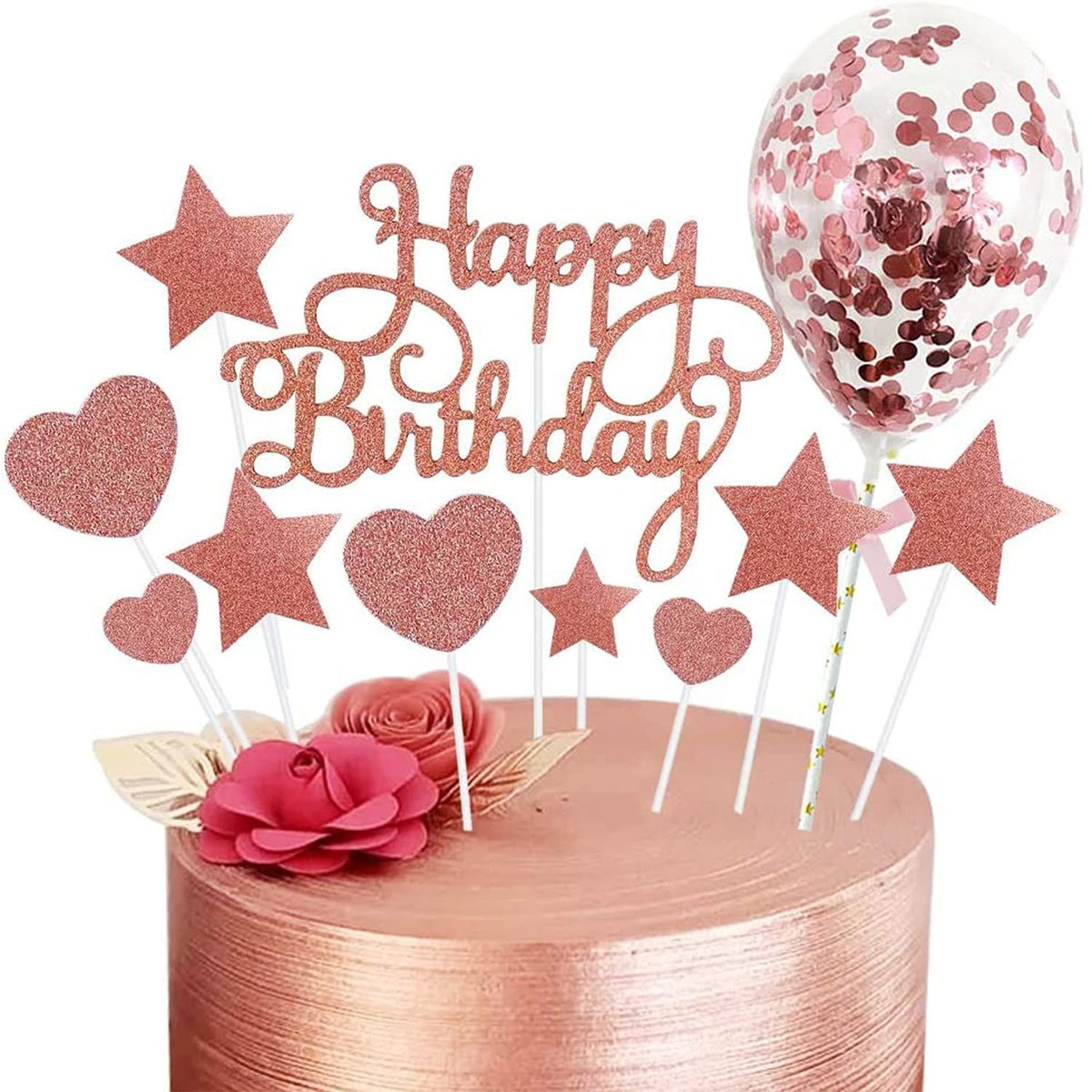 Rose Gold Happy Birthday Toppers, Glitter Star Heart Cupcake Topper with Confetti Balloon Cake Topper for Valentine's