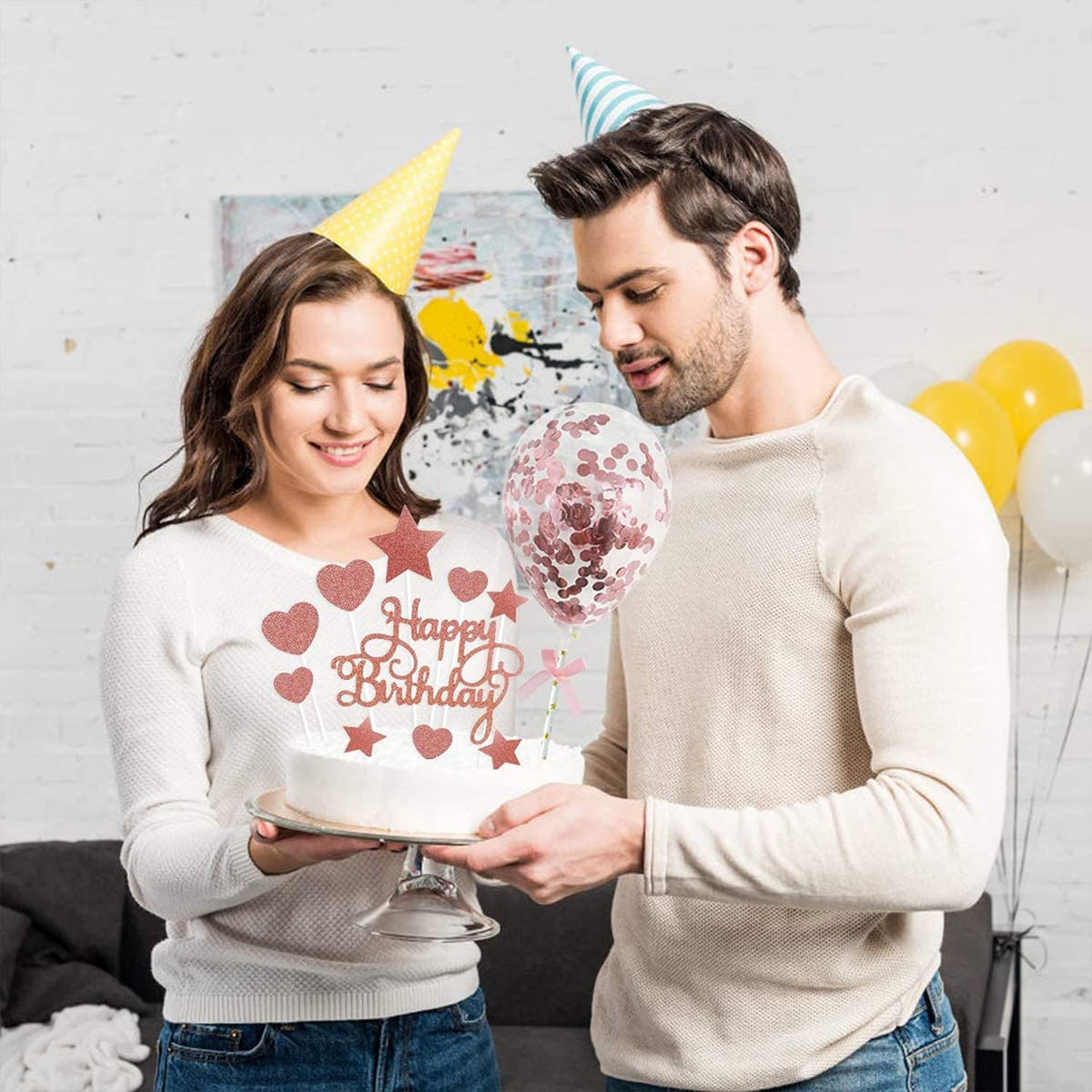 Rose Gold Happy Birthday Toppers, Glitter Star Heart Cupcake Topper with Confetti Balloon Cake Topper for Valentine's