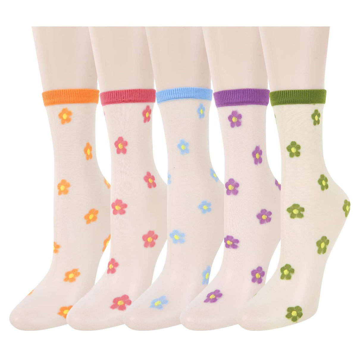 5 pairs Womens Girls Sheer Socks Mesh Lace Crew Socks Transparent See Through Ultra Thin Silk Nylon Dress Socks