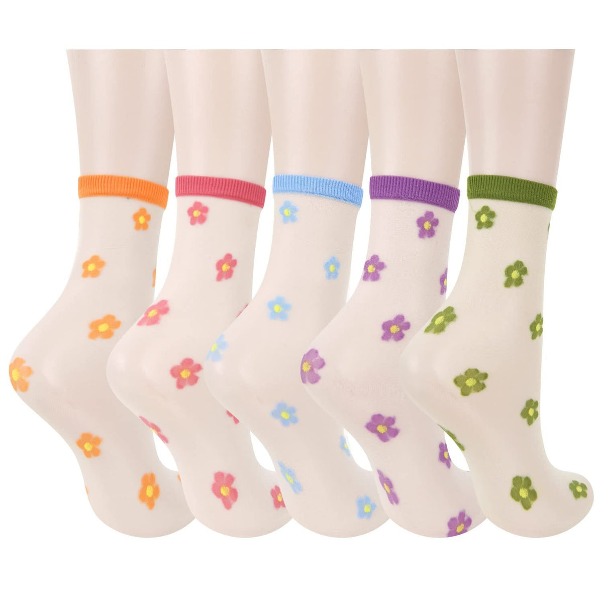 5 pairs Womens Girls Sheer Socks Mesh Lace Crew Socks Transparent See Through Ultra Thin Silk Nylon Dress Socks