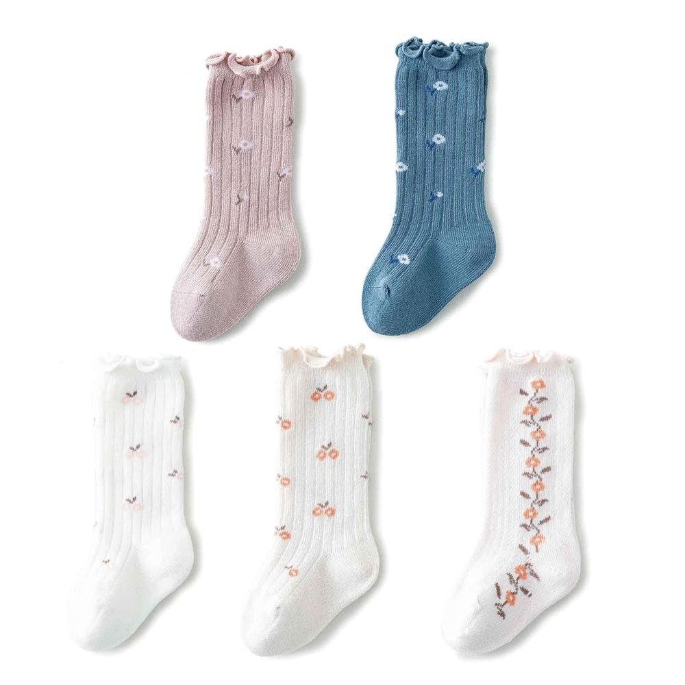 5 pairs Cotton Baby Knee High Socks Girls Boys Newborn Infants Long Socks Ruffled Socks Soft Breathable Knee-High Socks