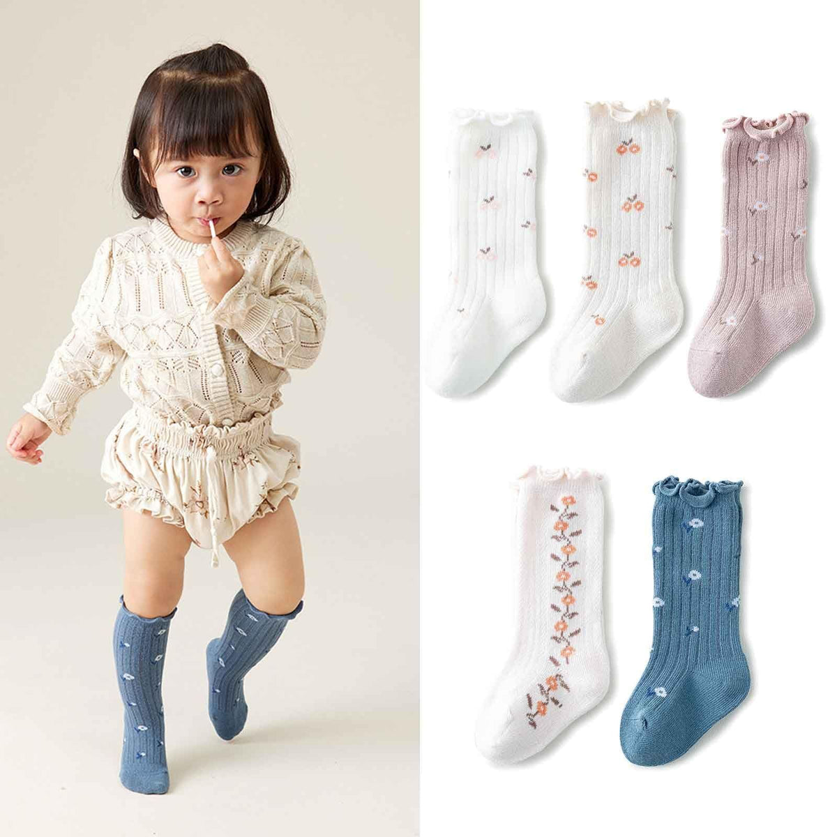 5 pairs Cotton Baby Knee High Socks Girls Boys Newborn Infants Long Socks Ruffled Socks Soft Breathable Knee-High Socks