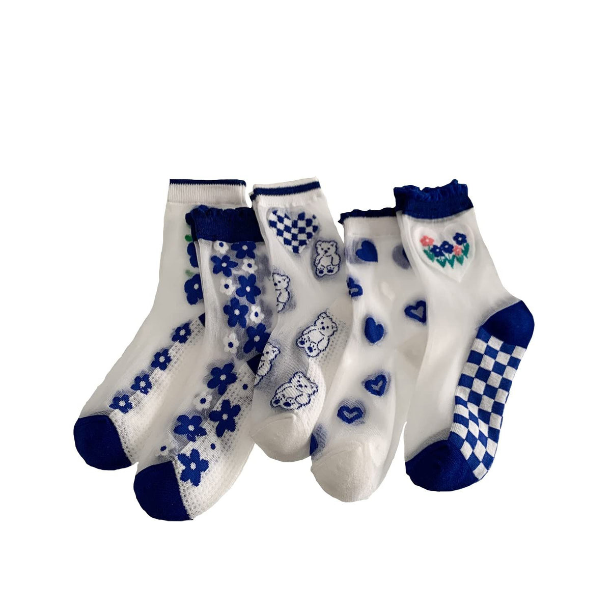 5 Pairs Sheer Socks,Vintage Transparent Flower Ankle High Socks,Thin Mesh Glass Silk Socks,No Slip Socks for Women