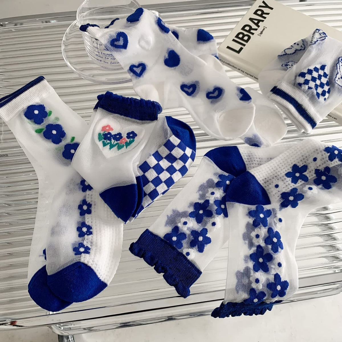 5 Pairs Sheer Socks,Vintage Transparent Flower Ankle High Socks,Thin Mesh Glass Silk Socks,No Slip Socks for Women