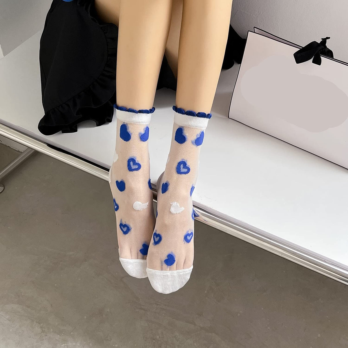5 Pairs Sheer Socks,Vintage Transparent Flower Ankle High Socks,Thin Mesh Glass Silk Socks,No Slip Socks for Women