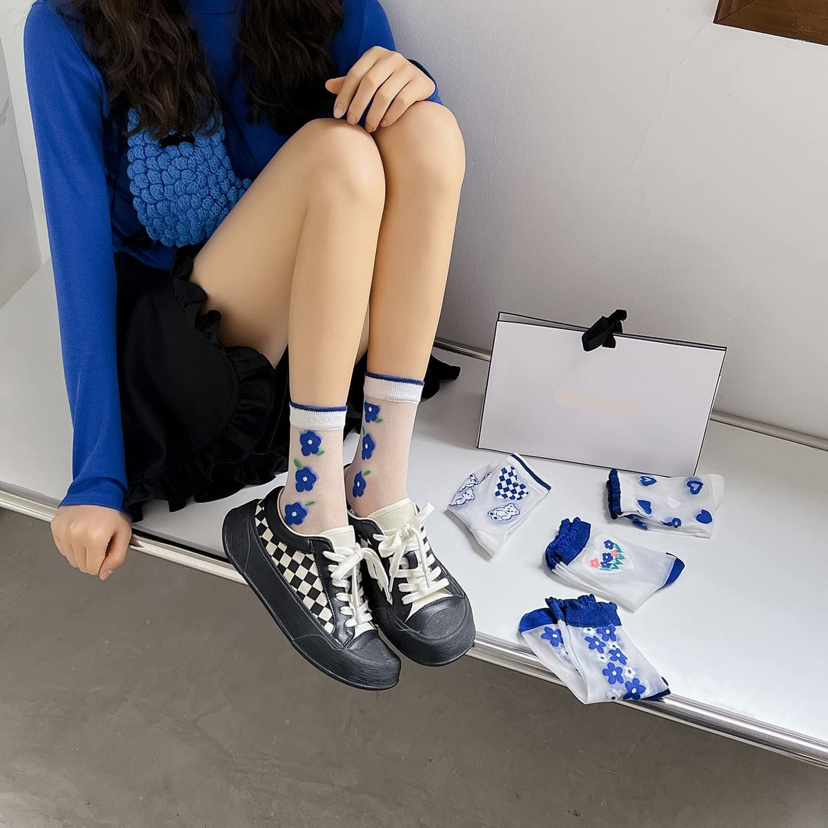 5 Pairs Sheer Socks,Vintage Transparent Flower Ankle High Socks,Thin Mesh Glass Silk Socks,No Slip Socks for Women
