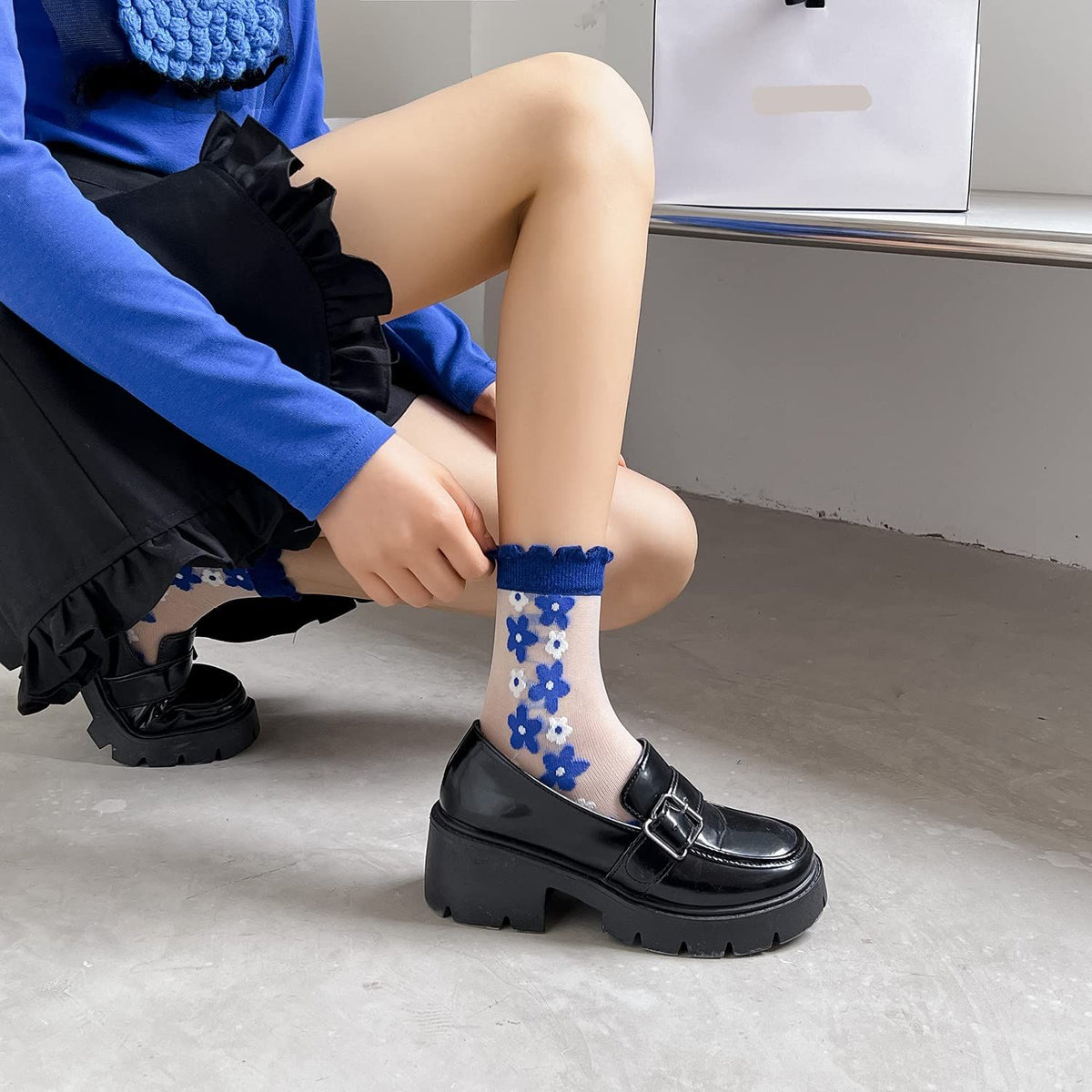 5 Pairs Sheer Socks,Vintage Transparent Flower Ankle High Socks,Thin Mesh Glass Silk Socks,No Slip Socks for Women
