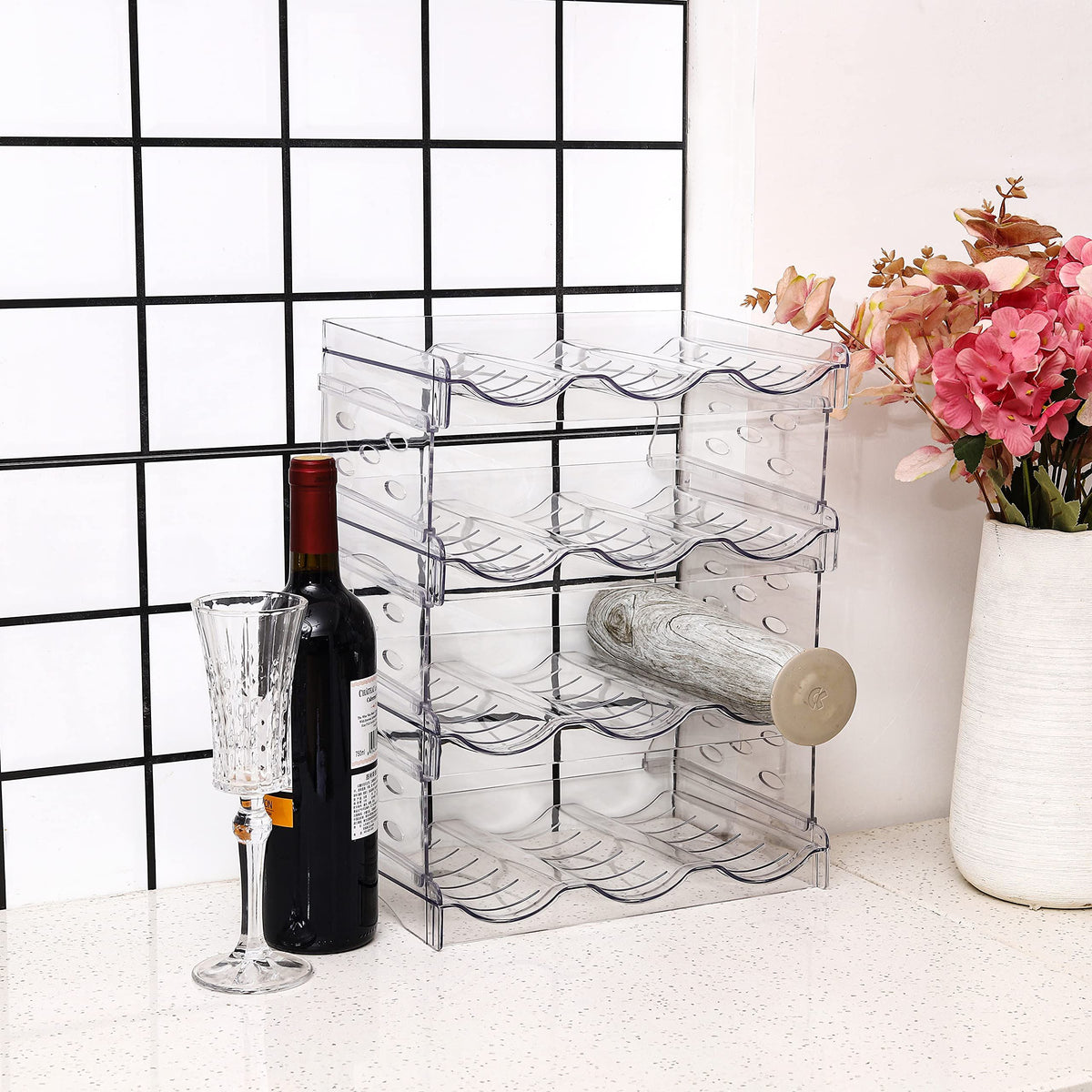 4 Pack Stackable Wine and Water Bottle Holder Free-Standing Fridge Wine Bottle Plastic Water Bottle Holder,Holds 12 Bottles