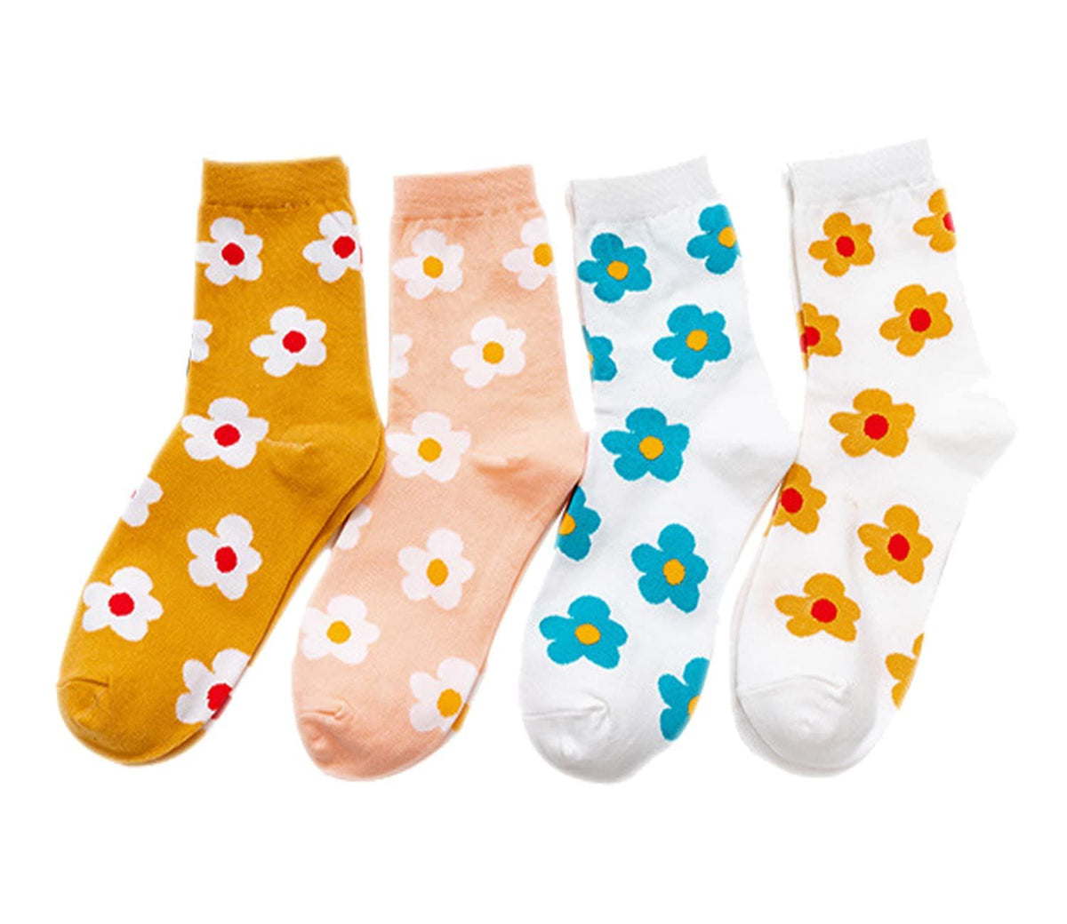 4 pairs Womens Funny Crew Socks Girls Cute Novelty Animal Flower Patterned Socks Funky Cotton Dress Mid-calf Sock Gifts