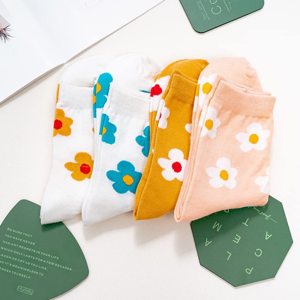 4 pairs Womens Funny Crew Socks Girls Cute Novelty Animal Flower Patterned Socks Funky Cotton Dress Mid-calf Sock Gifts