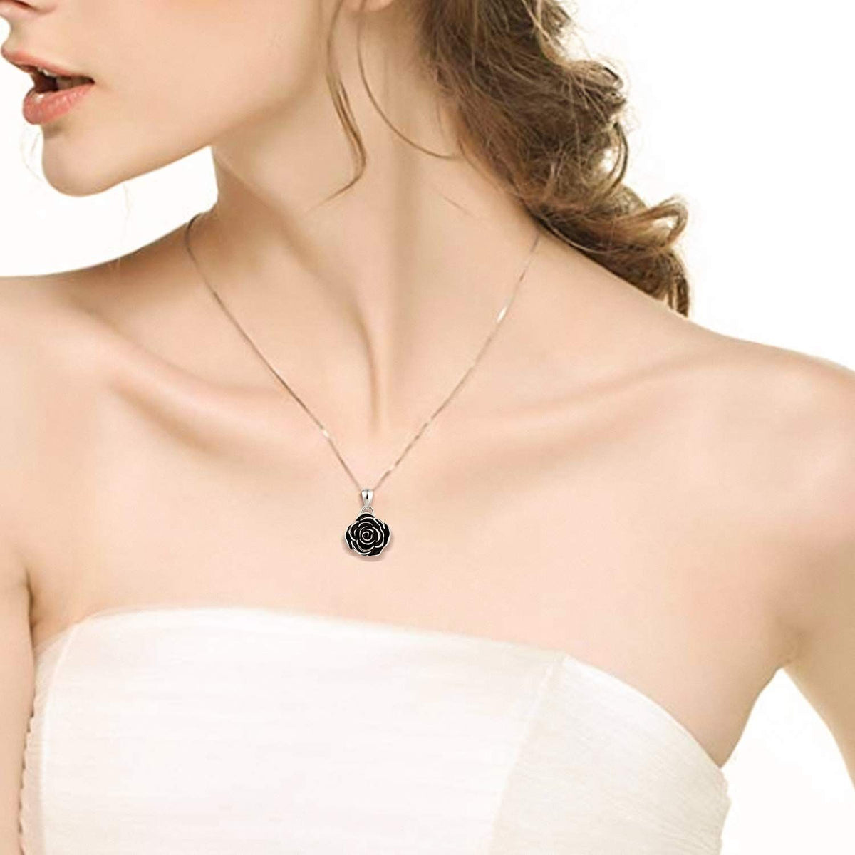 Silver Rose Flower Necklace Rose Pendant Necklaces Jewelry Gifts for Women Girls Black rose necklace symbolizes nobleness