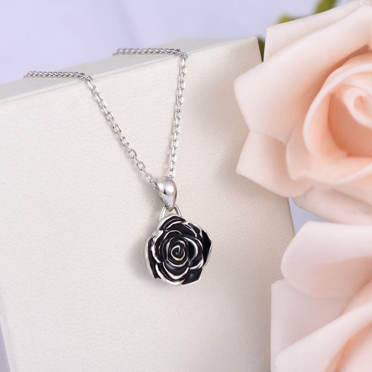 Silver Rose Flower Necklace Rose Pendant Necklaces Jewelry Gifts for Women Girls Black rose necklace symbolizes nobleness