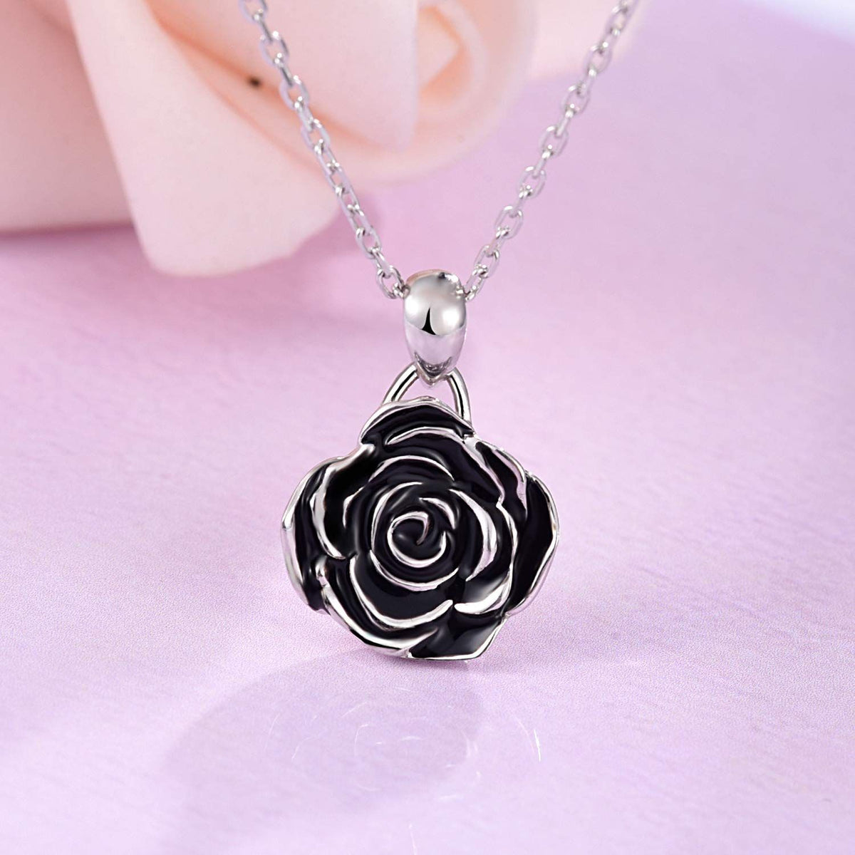 Silver Rose Flower Necklace Rose Pendant Necklaces Jewelry Gifts for Women Girls Black rose necklace symbolizes nobleness