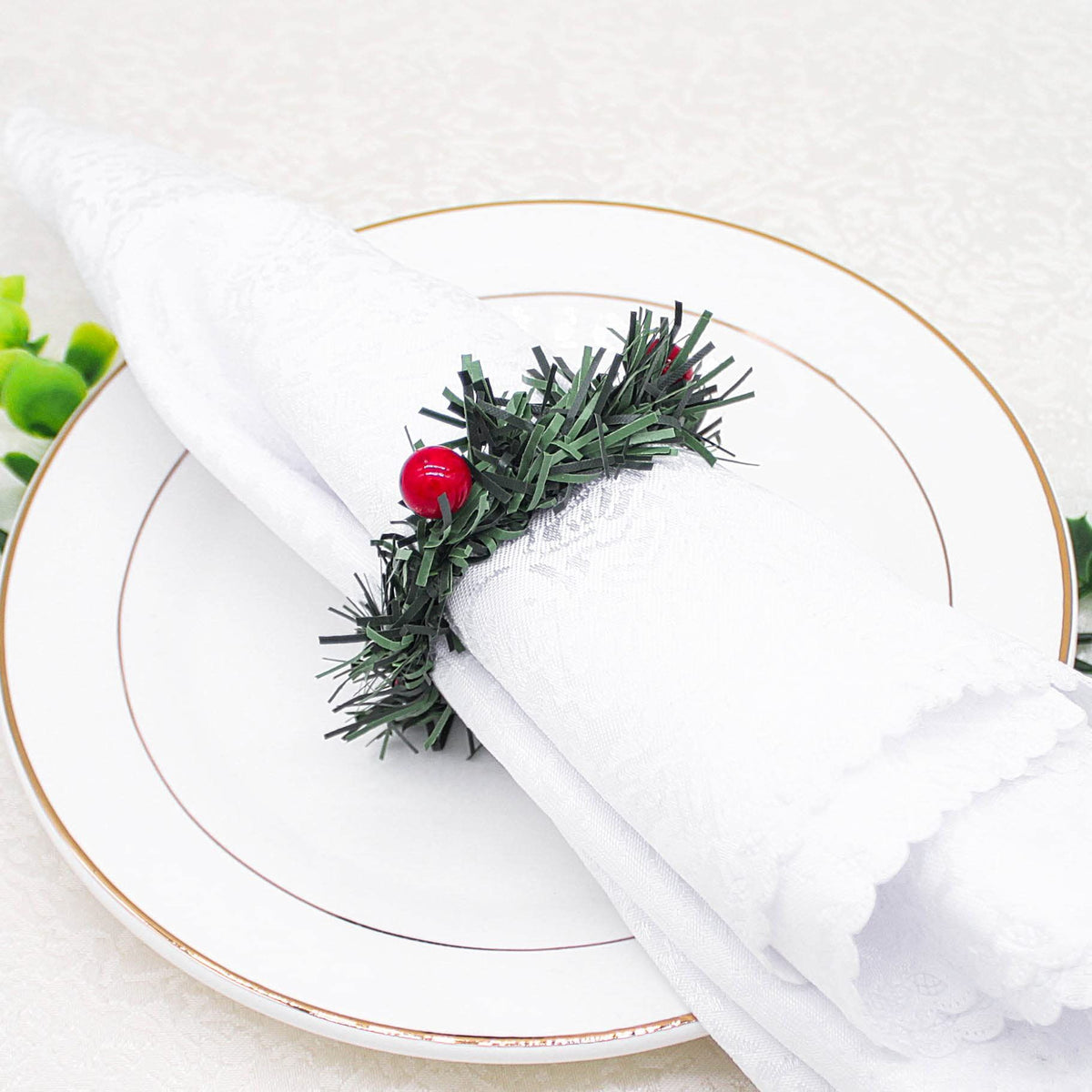 Christmas Napkin Rings Set of 4, Pine Needles Wreath with Red Berry Napkin Holder for Winter, Family Gathering, Banquet