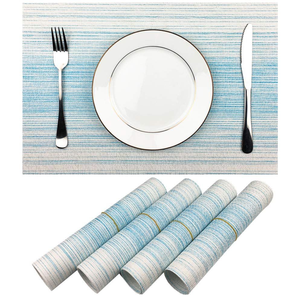 Blending Color Durable Woven Vinyl Placemat Washable Heat-Resistant Anti-Skid Kitchen Dining Table Mats (Set of 4,Blue with White)