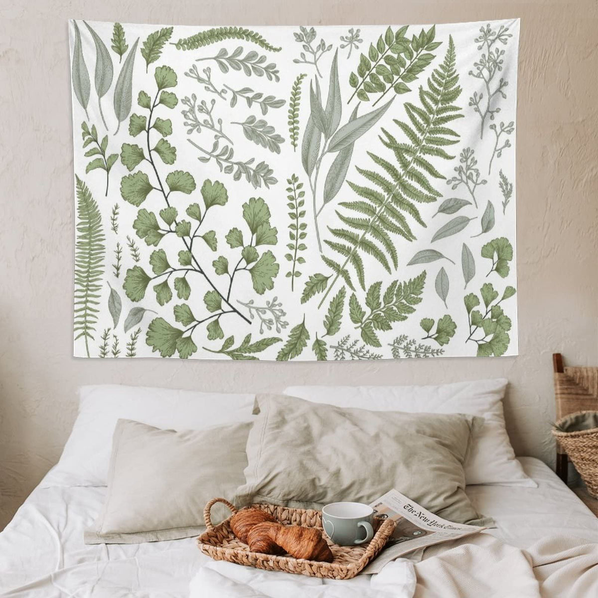 Botanical Polyester Fabric Tapestry Floral with Green White Spring Wall Hanging Tapestry,Living Room Dorm 60L x 80W Inches