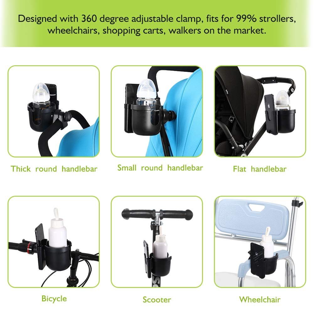 Stroller Cup Holder with Phone Holder, Bike Cup Holder,  2-in-1 Cup Phone Holder for Stroller, Bike, Wheelchair, Walker, Scooter